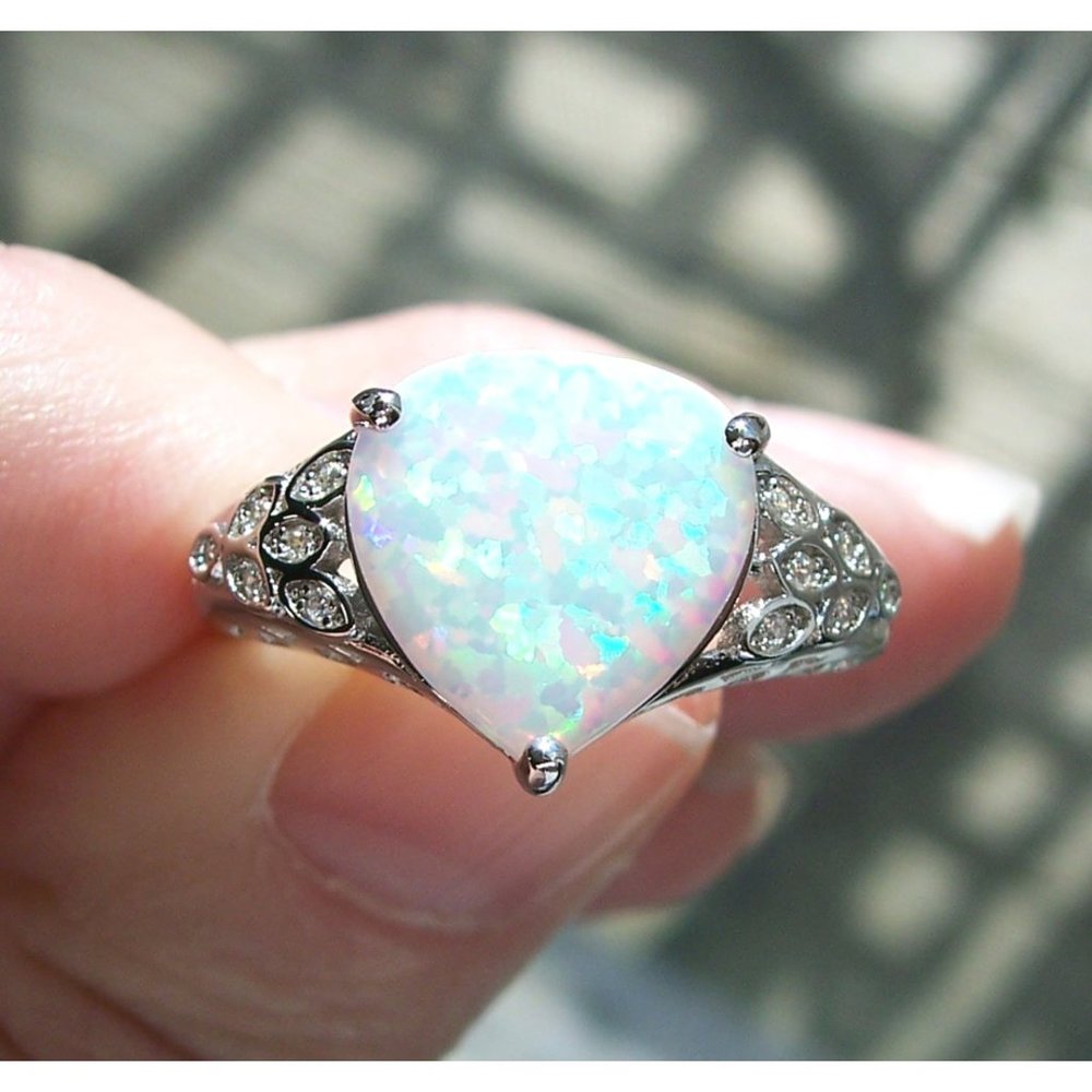 925 STERLING SILVER Lab Created White Fire Opal & CZ Ring - Picture 8 of 16